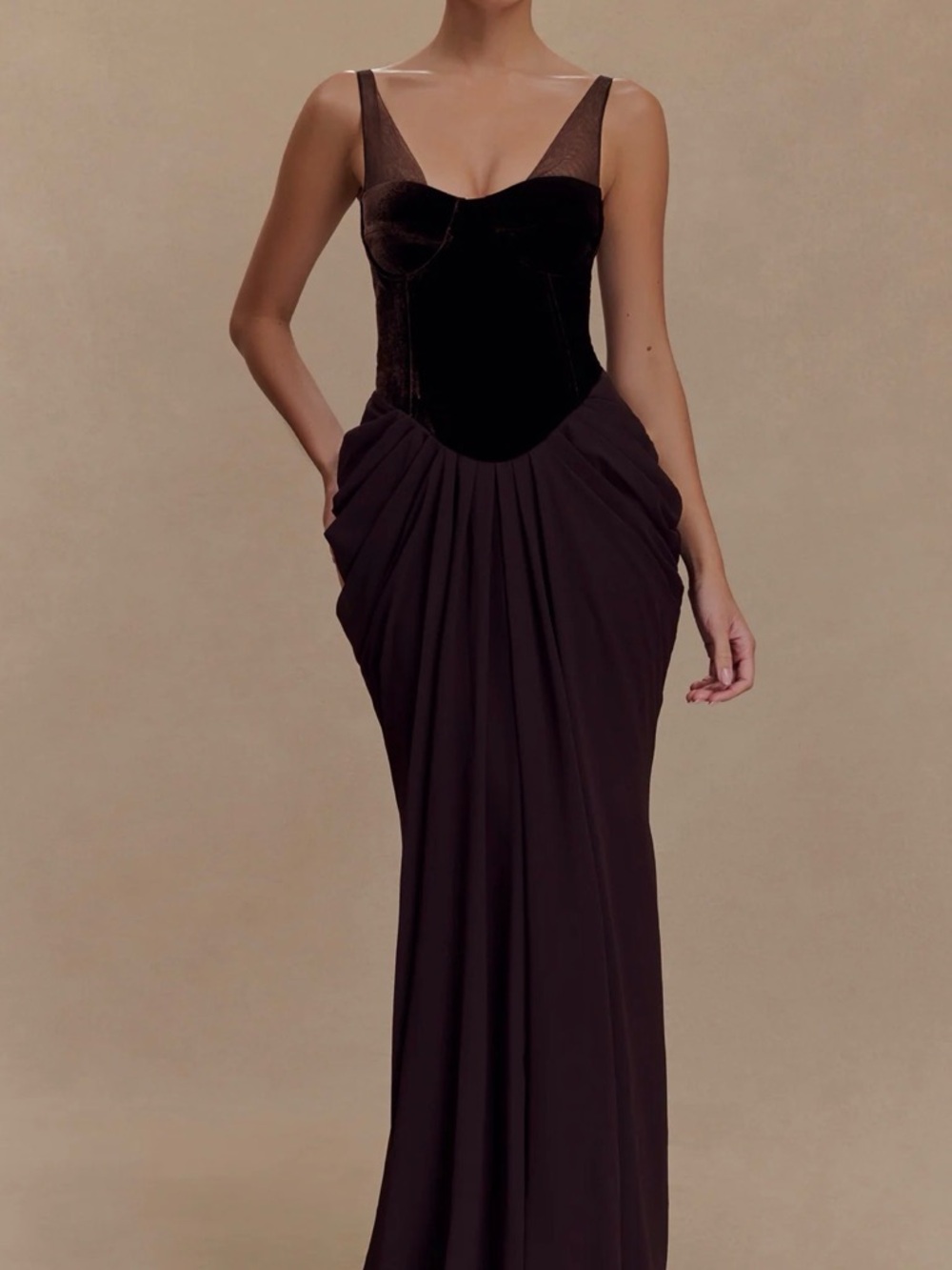 Meshki - Roxanne Brown Velvet Corset Maxi Dress